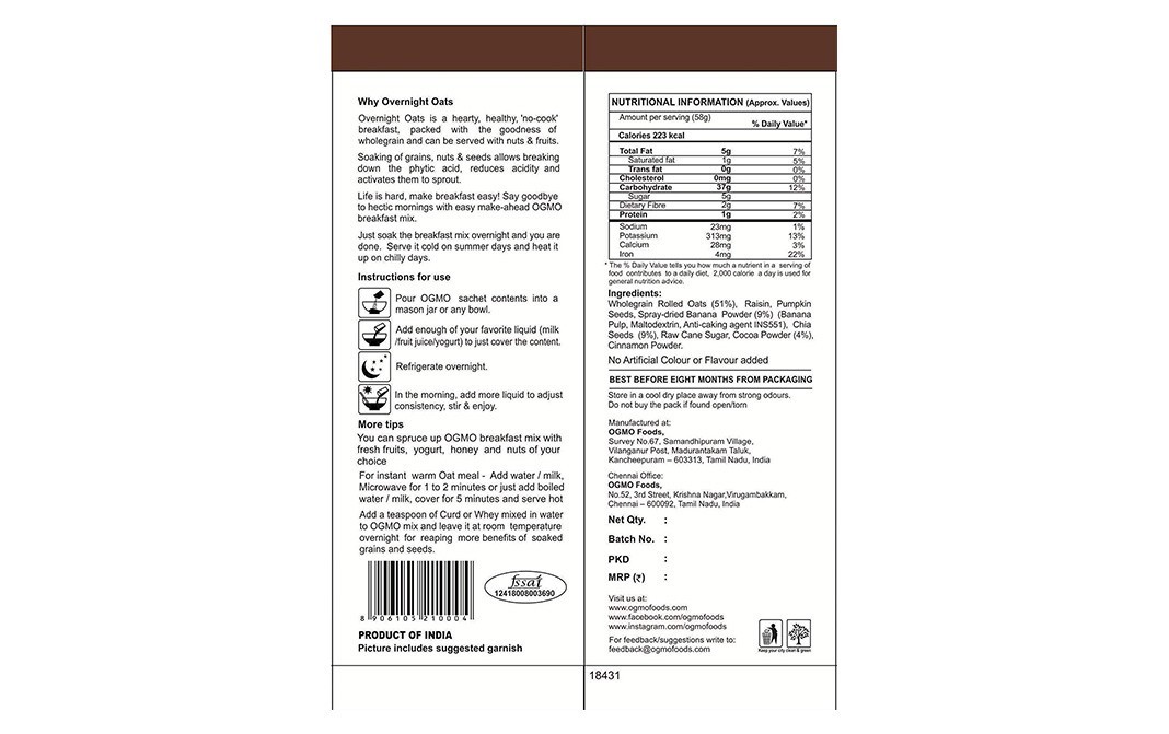 OGMO Banana Chocolate Overnight Oats   Pack  58 grams